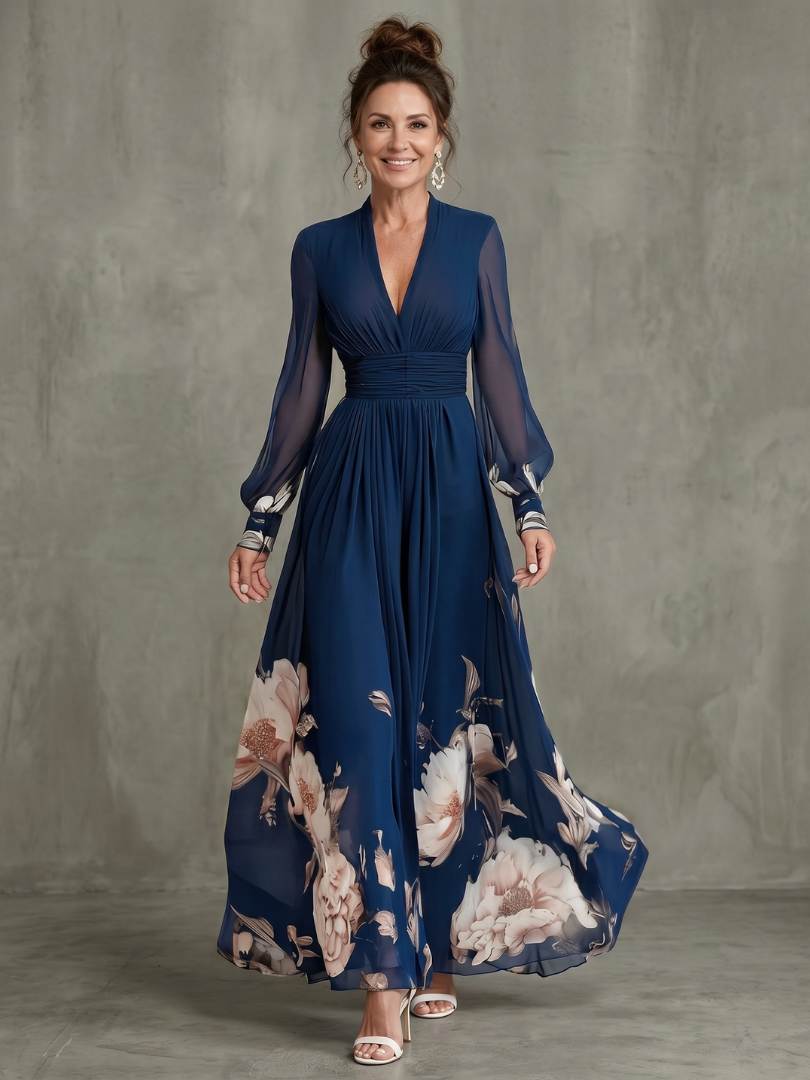 Elegant Collection | Long Sleeve Maxi Dress with Pleated Sheer Sleeves | Flattering Fit for Effortless Elegance