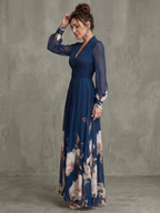 Elegant Collection | Long Sleeve Maxi Dress with Pleated Sheer Sleeves | Flattering Fit for Effortless Elegance