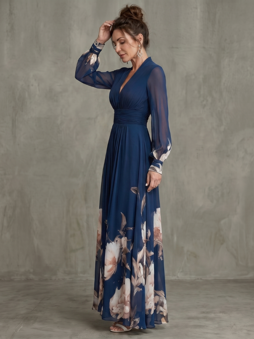 Elegant Collection | Long Sleeve Maxi Dress with Pleated Sheer Sleeves | Flattering Fit for Effortless Elegance