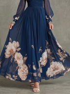 Elegant Collection | Long Sleeve Maxi Dress with Pleated Sheer Sleeves | Flattering Fit for Effortless Elegance