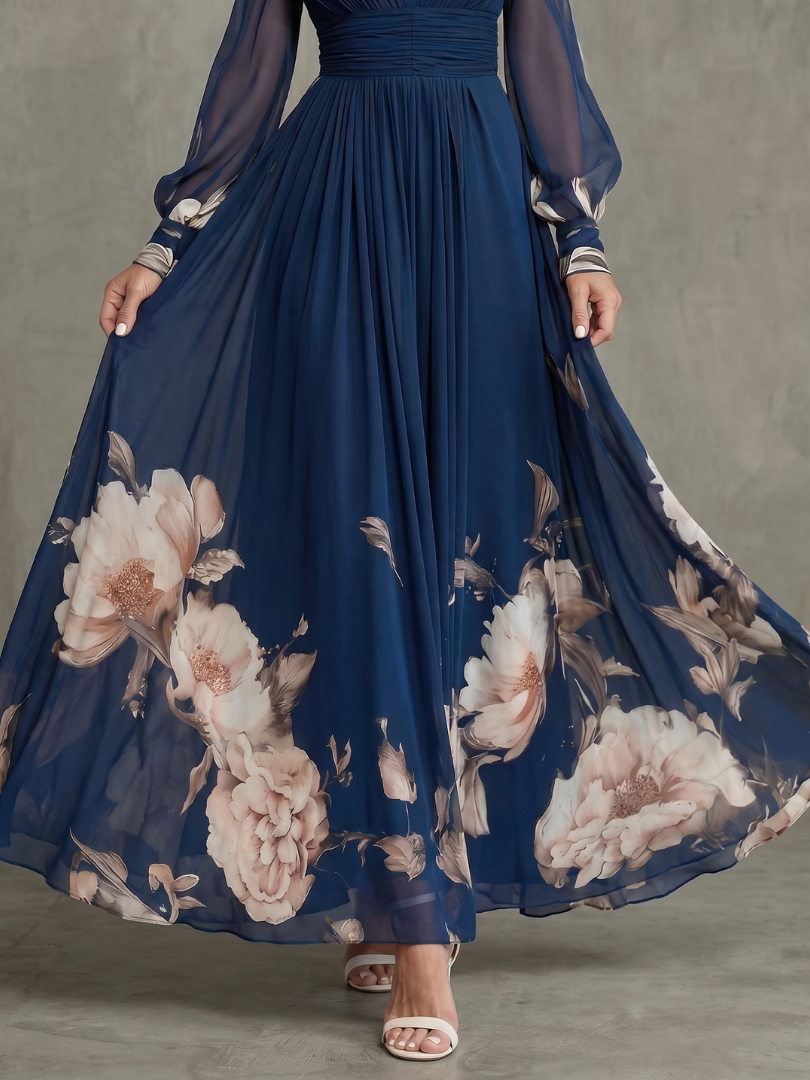 Elegant Collection | Long Sleeve Maxi Dress with Pleated Sheer Sleeves | Flattering Fit for Effortless Elegance