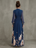Elegant Collection | Long Sleeve Maxi Dress with Pleated Sheer Sleeves | Flattering Fit for Effortless Elegance