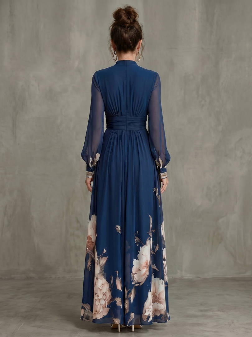 Elegant Collection | Long Sleeve Maxi Dress with Pleated Sheer Sleeves | Flattering Fit for Effortless Elegance
