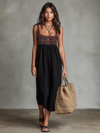 Elegant Collection | Midi Dress in Soft Faux Suede with Embroidered Details | Stylish Vacation Outfit for Effortless Chic