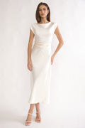 Elegant Collection | White Midi Dress with Pleated Design & Cowl Back for Timeless Style