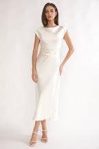 Elegant Collection | White Midi Dress with Pleated Design & Cowl Back for Timeless Style
