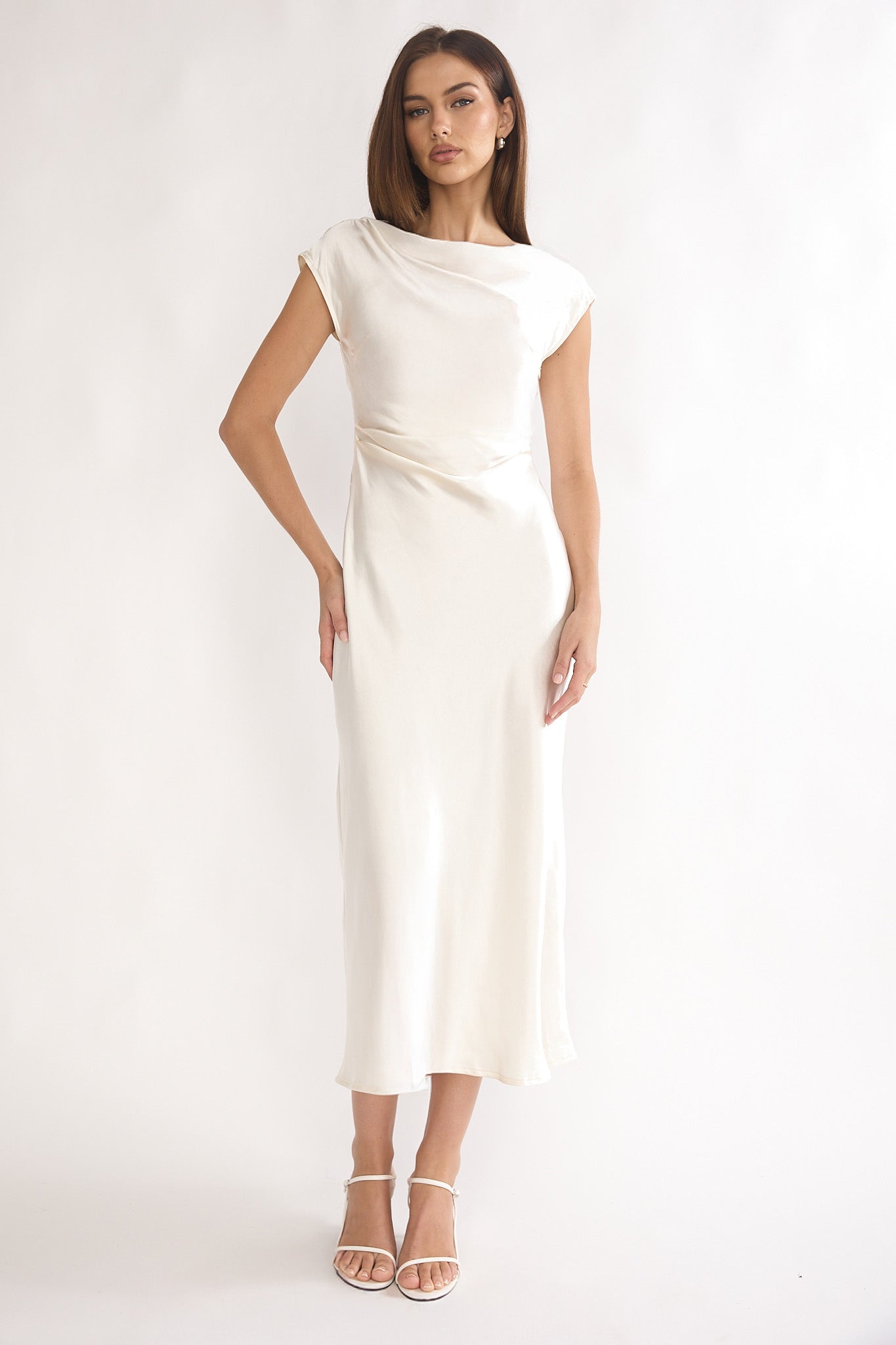 Elegant Collection | White Midi Dress with Pleated Design & Cowl Back for Timeless Style