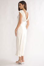 Elegant Collection | White Midi Dress with Pleated Design & Cowl Back for Timeless Style