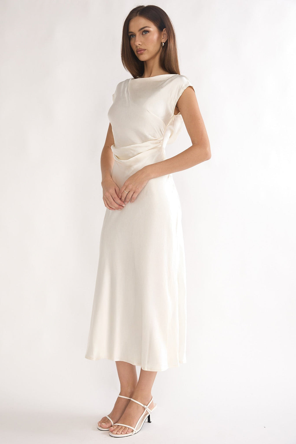 Elegant Collection | White Midi Dress with Pleated Design & Cowl Back for Timeless Style