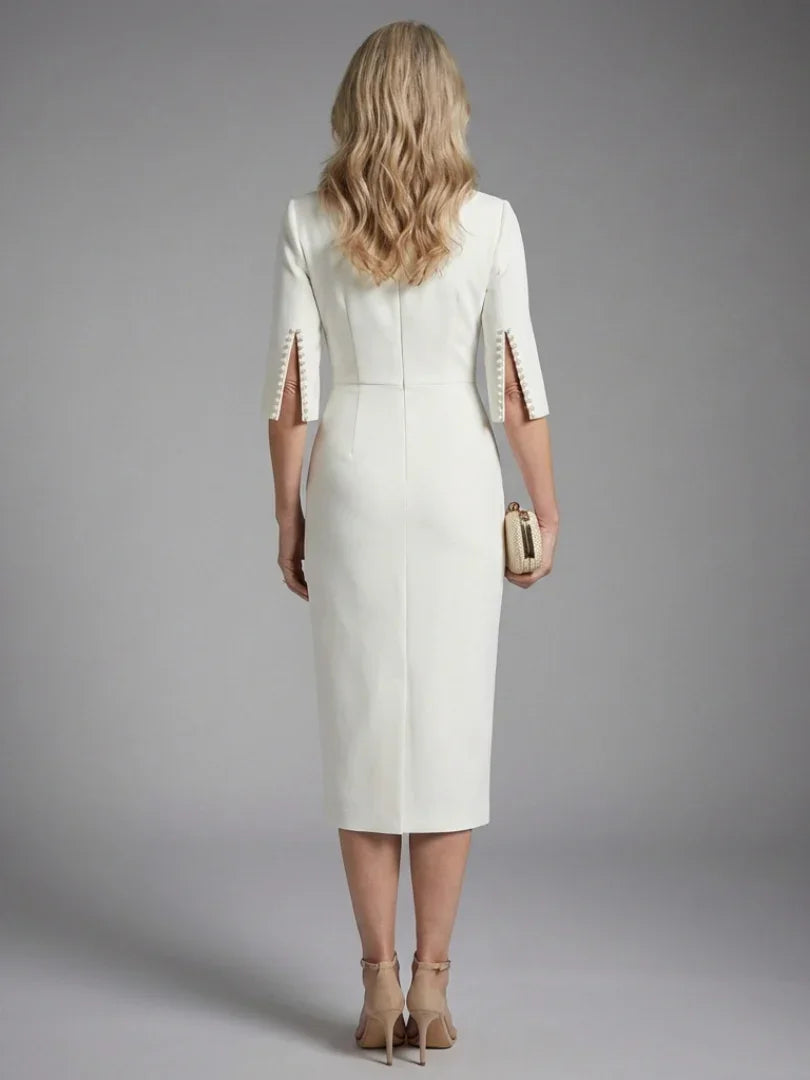 Elegant Collection | White Midi Dress with Split Sleeves | Comfortable Fit for All-Day Wear