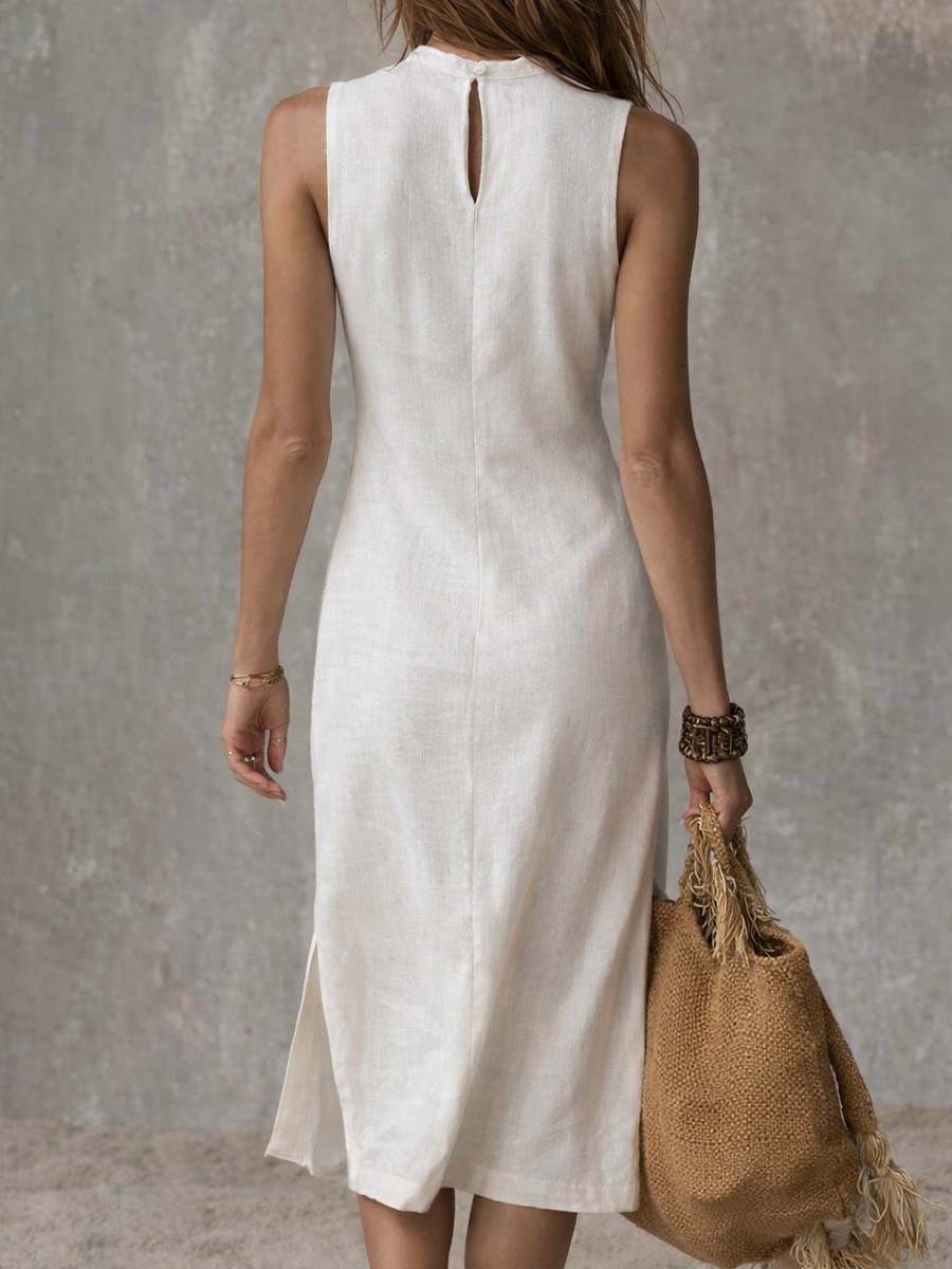 Elegant Collection | White Midi Dress with Stand Collar & Split Hem | Versatile Style for Any Occasion