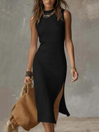 Elegant Collection | White Midi Dress with Stand Collar & Split Hem | Versatile Style for Any Occasion