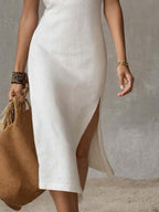 Elegant Collection | White Midi Dress with Stand Collar & Split Hem | Versatile Style for Any Occasion