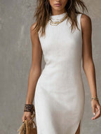 Elegant Collection | White Midi Dress with Stand Collar & Split Hem | Versatile Style for Any Occasion