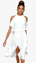 Elegant Collection | Women's Dress with Halter Neckline & Cold Shoulder Sleeves | Chic Midi Style for Special Events