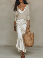 Women's Dress with Ivory Knit Top & Satin Skirt | Versatile Style for Any Occasion
