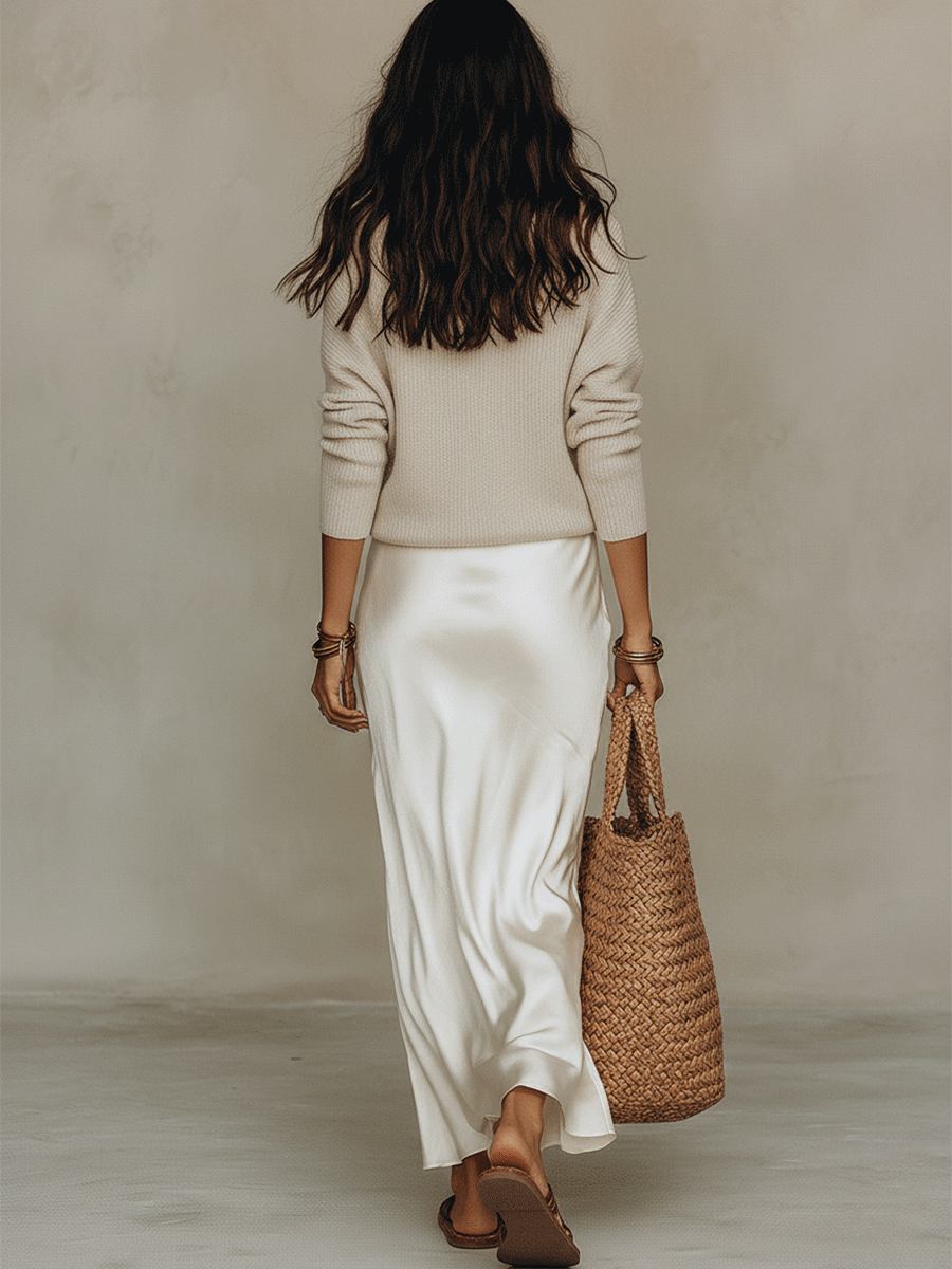 Women's Dress with Ivory Knit Top & Satin Skirt | Versatile Style for Any Occasion