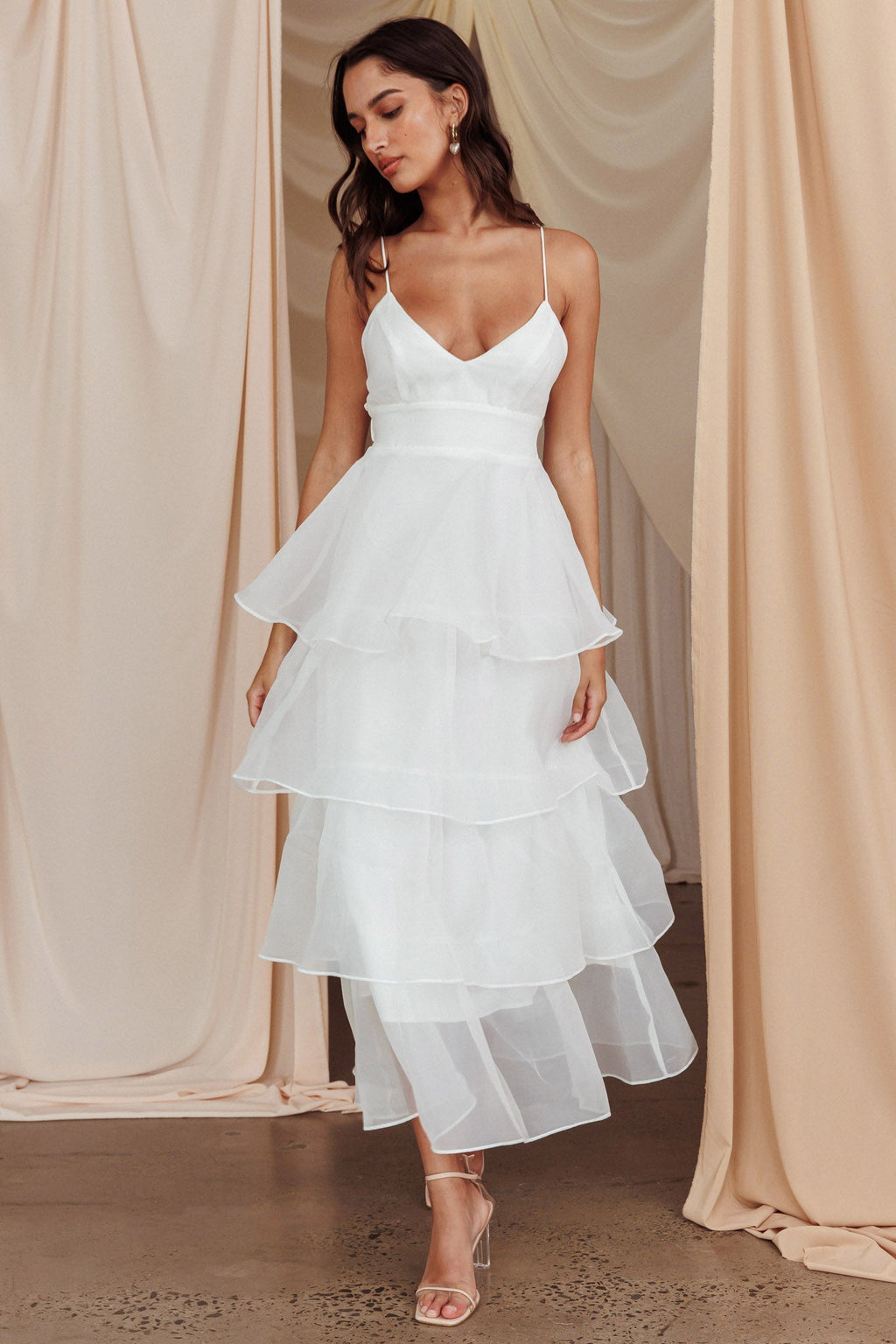 Elegant Collection | Women's Dress with Tiered Ruffle Design | Stylish White Midi Dress for Wedding Guests