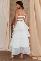 Elegant Collection | Women's Dress with Tiered Ruffle Design | Stylish White Midi Dress for Wedding Guests