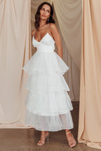 Elegant Collection | Women's Dress with Tiered Ruffle Design | Stylish White Midi Dress for Wedding Guests