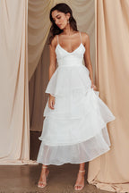 Elegant Collection | Women's Dress with Tiered Ruffle Design | Stylish White Midi Dress for Wedding Guests