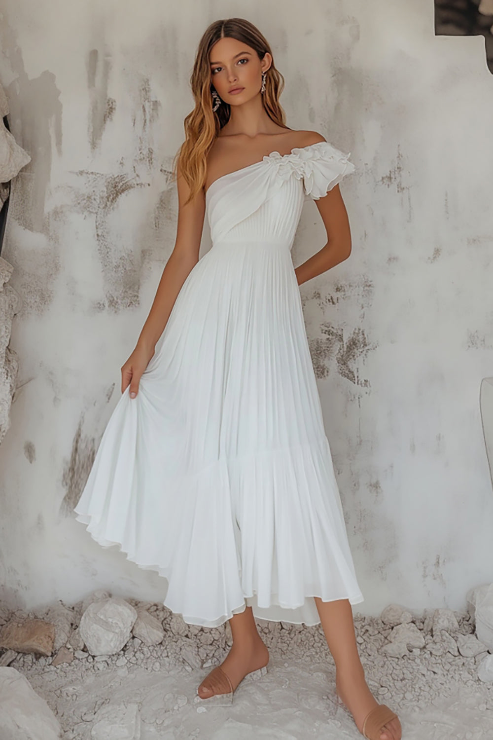 Elegant Collection | Women's White Dress with One Shoulder Design | A-Line Silhouette for Special Occasions