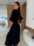 Elegant Deep V-Neck Wrap Midi Dress