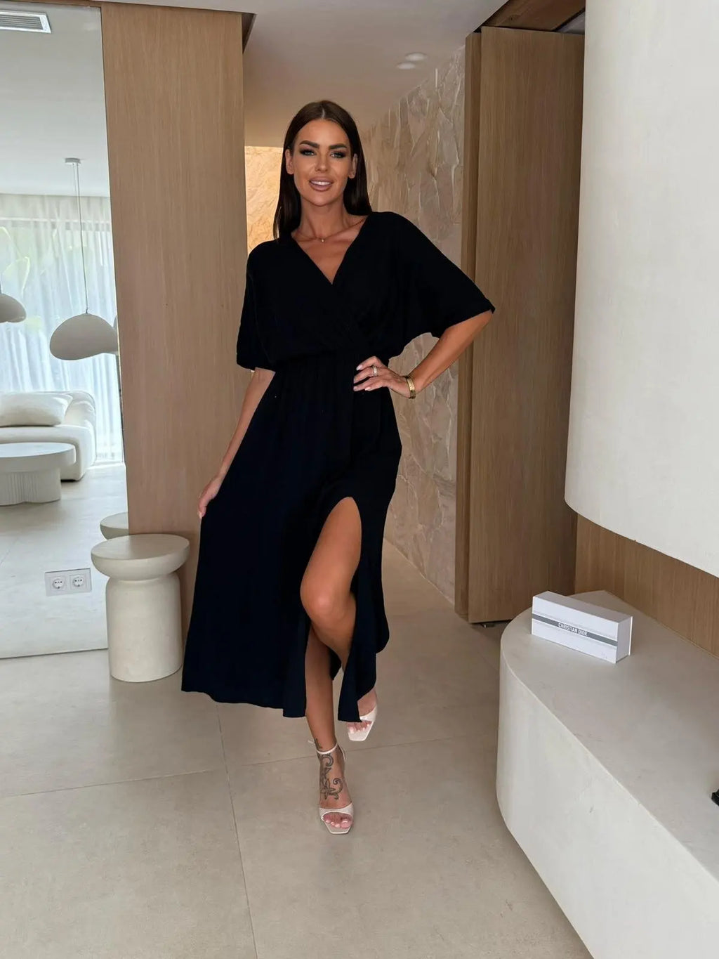 Elegant Deep V-Neck Wrap Midi Dress