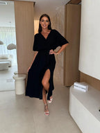 Elegant Deep V-Neck Wrap Midi Dress