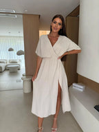 Elegant Deep V-Neck Wrap Midi Dress
