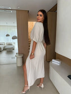 Elegant Deep V-Neck Wrap Midi Dress