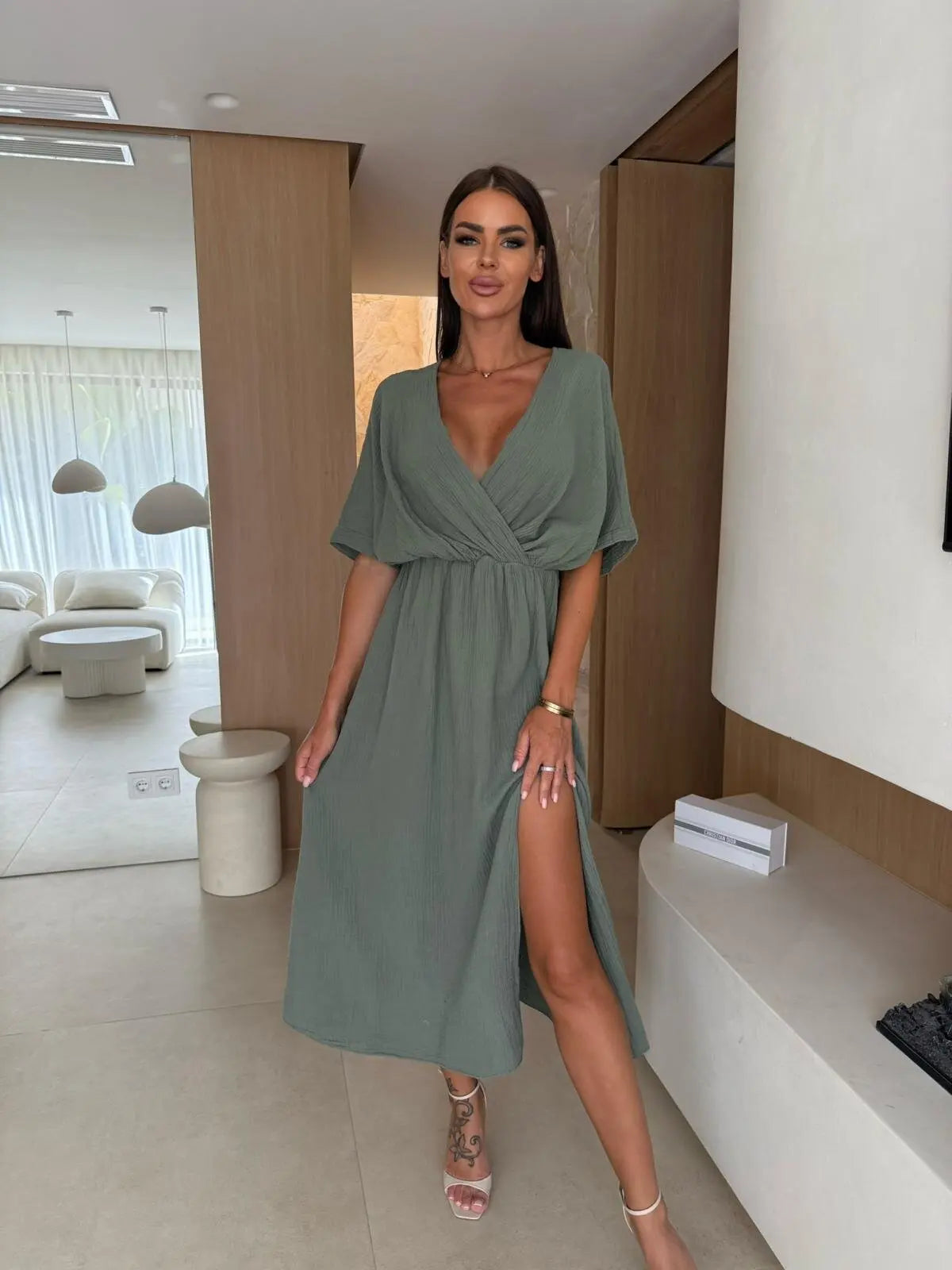 Elegant Deep V-Neck Wrap Midi Dress