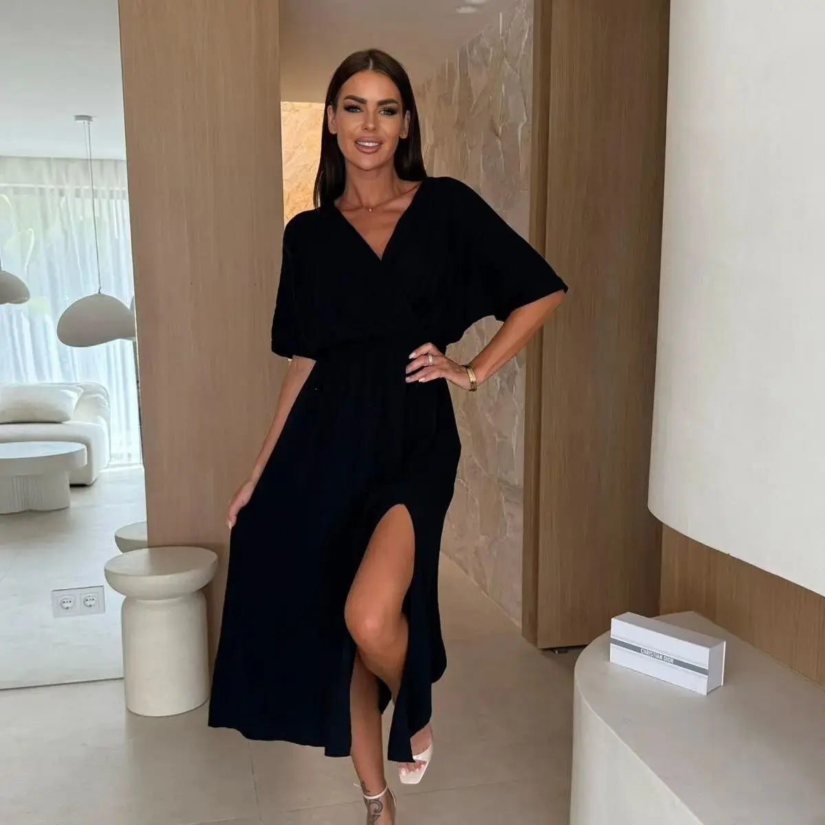 Elegant Deep V-Neck Wrap Midi Dress