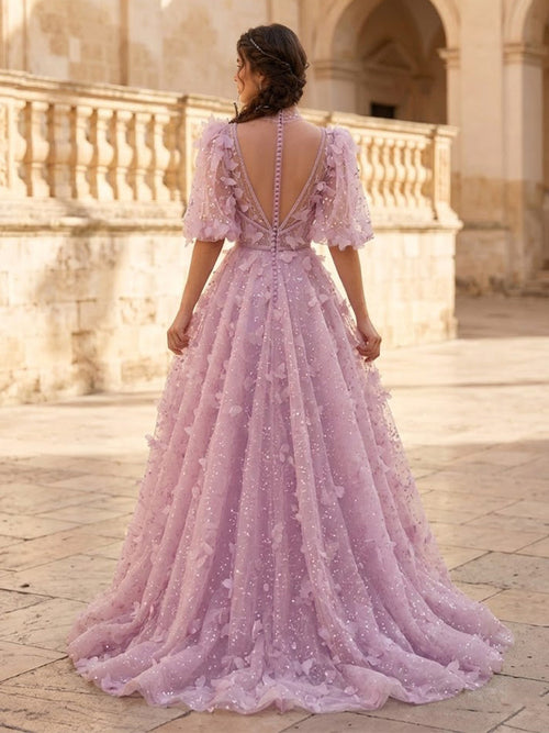 A-Line Tulle Evening Gown with High Neck and Short Sleeves