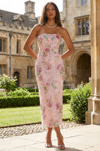 Elegant Floral Bodycon Midi Dress with Strapless Design for Wedding Guests