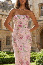 Elegant Floral Bodycon Midi Dress with Strapless Design for Wedding Guests