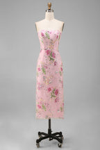 Elegant Floral Bodycon Midi Dress with Strapless Design for Wedding Guests