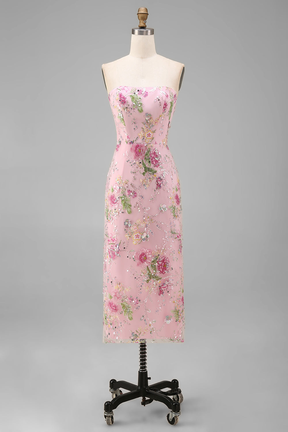 Elegant Floral Bodycon Midi Dress with Strapless Design for Wedding Guests