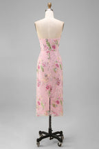 Elegant Floral Bodycon Midi Dress with Strapless Design for Wedding Guests
