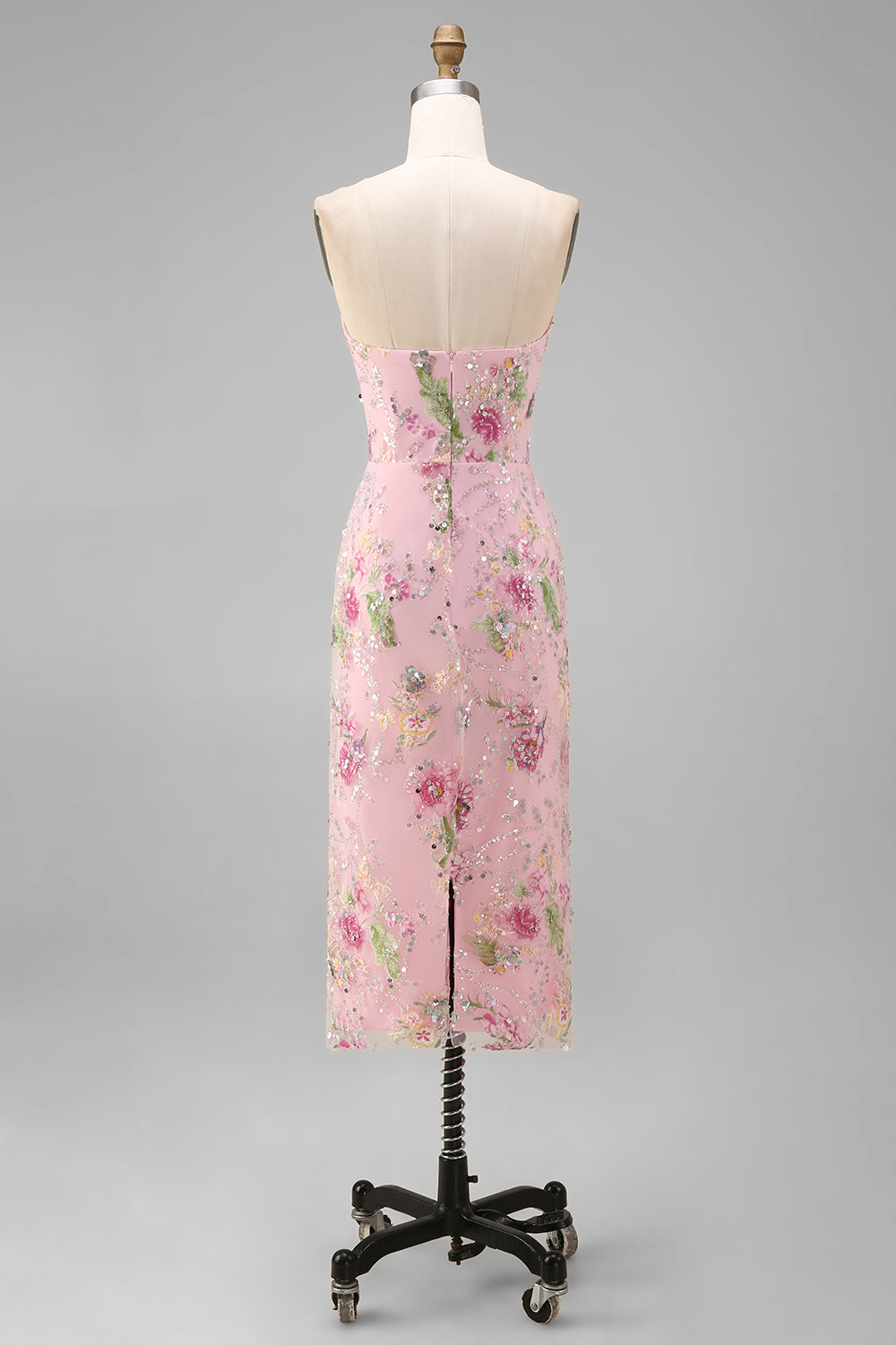 Elegant Floral Bodycon Midi Dress with Strapless Design for Wedding Guests