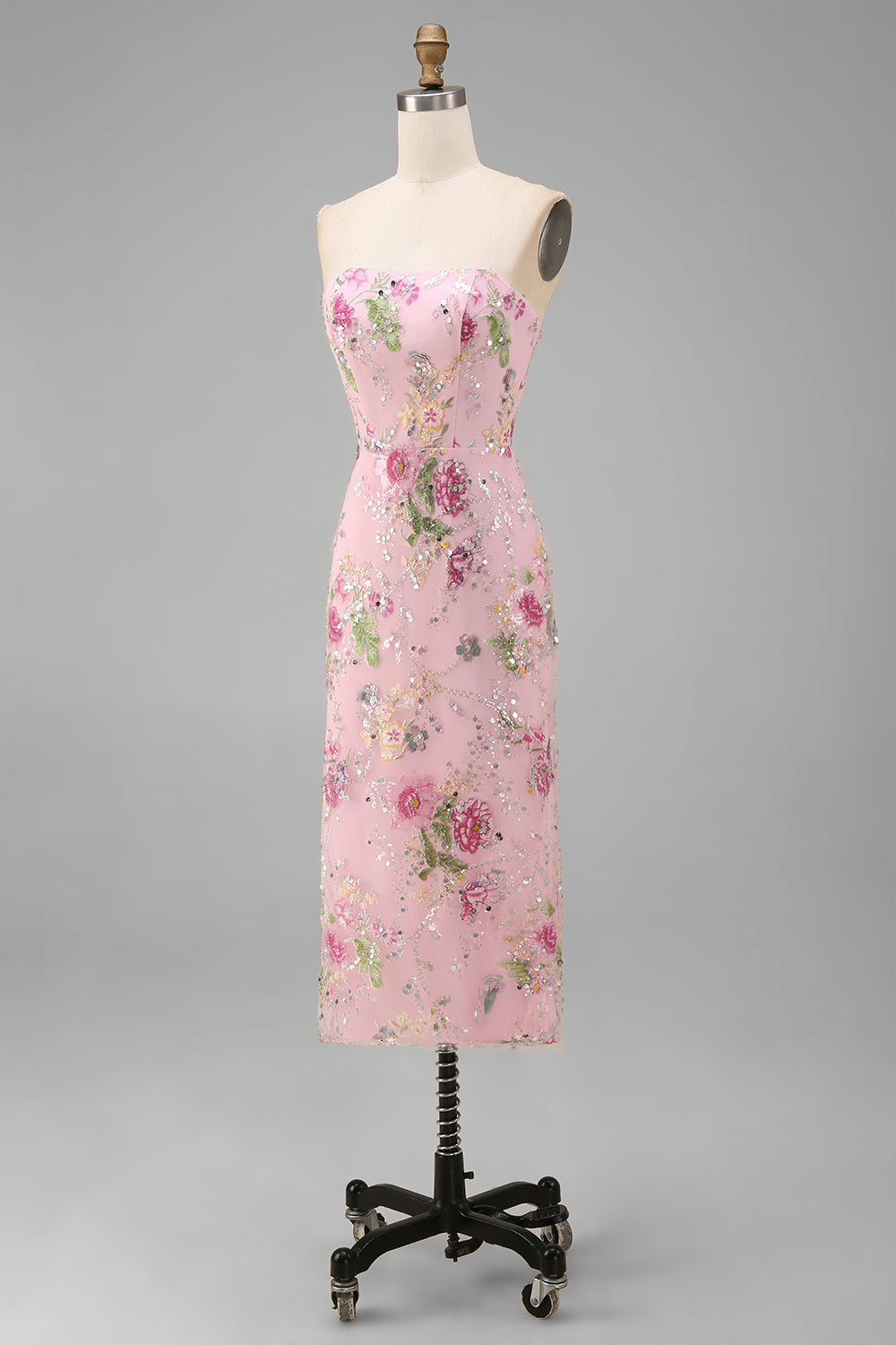 Elegant Floral Bodycon Midi Dress with Strapless Design for Wedding Guests