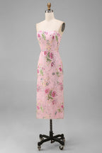 Elegant Floral Bodycon Midi Dress with Strapless Design for Wedding Guests
