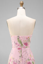 Elegant Floral Bodycon Midi Dress with Strapless Design for Wedding Guests