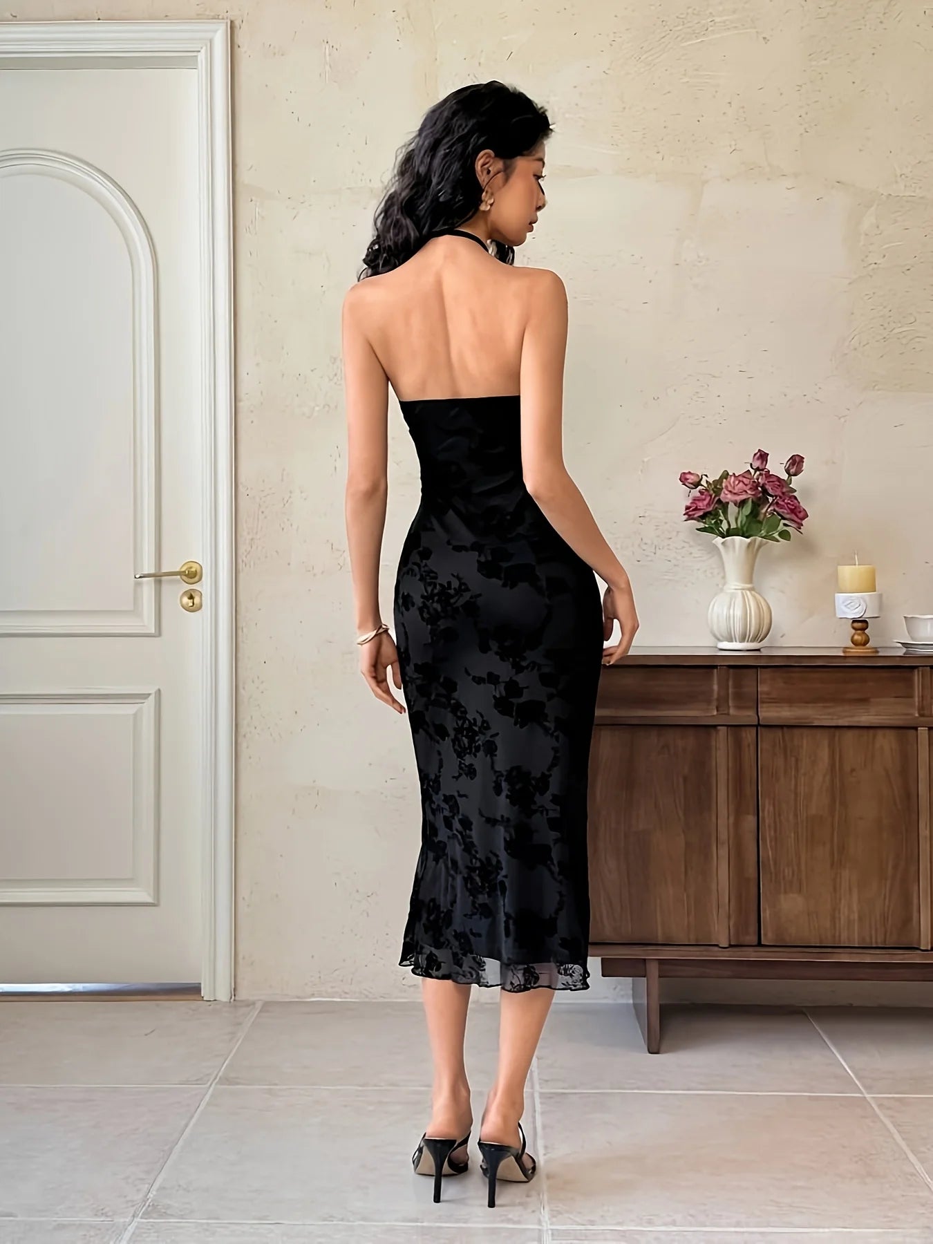 Floral Embellished Strapless Backless Evening Dress
