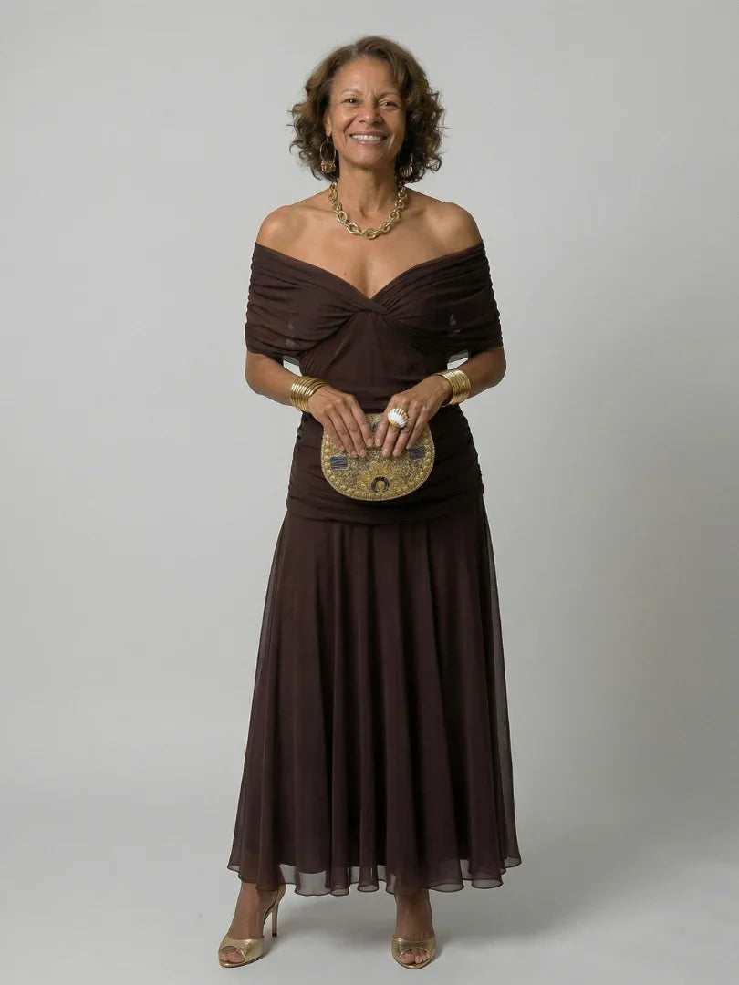 Elegant Flow Midi Dress | Women's Dress with Off Shoulder Design | Perfect Wedding Guest or Summer Dress for Effortless Style