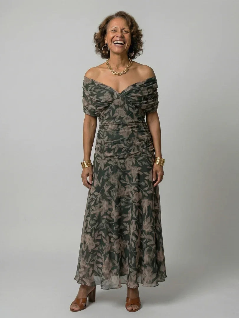 Elegant Flow Midi Dress | Women's Dress with Off Shoulder Design | Perfect Wedding Guest or Summer Dress for Effortless Style