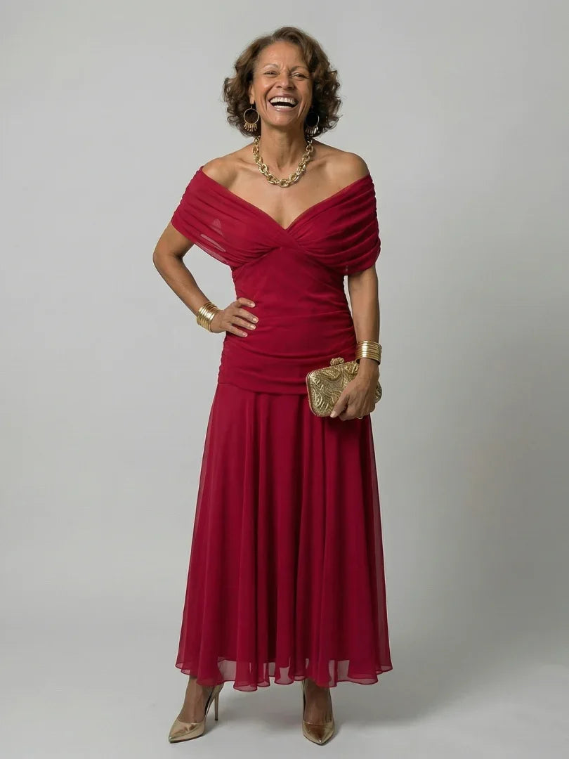 Elegant Flow Midi Dress | Women's Dress with Off Shoulder Design | Perfect Wedding Guest or Summer Dress for Effortless Style