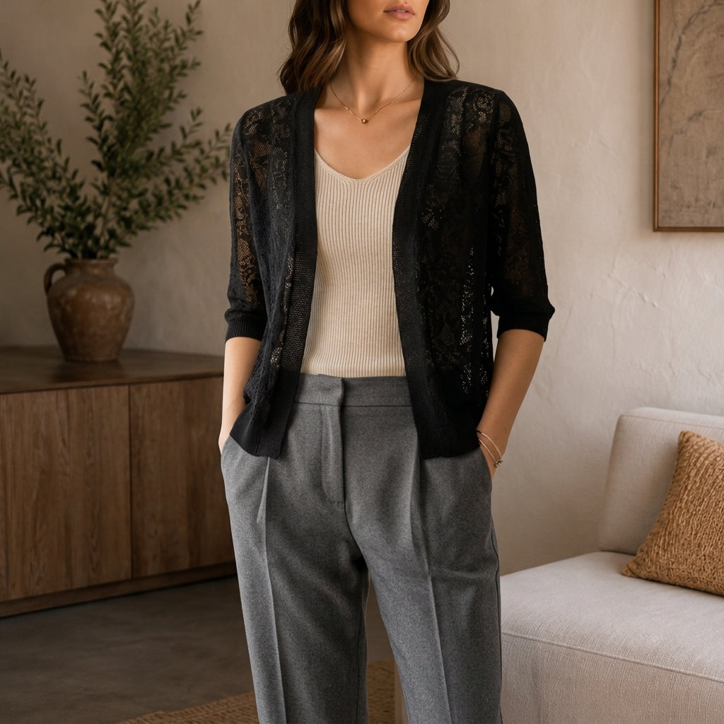 Elegant Lace Knit Cardigan Sweater with Relaxed Fit | Versatile Layering Piece for Day to Evening Wear