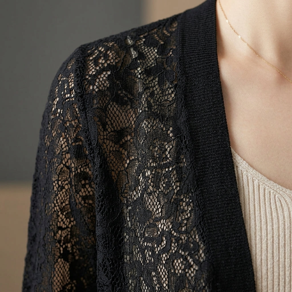 Elegant Lace Knit Cardigan Sweater with Relaxed Fit | Versatile Layering Piece for Day to Evening Wear
