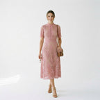 Lace Midi Dress for Wedding Guests with Elegant High Neckline and Flared Skirt